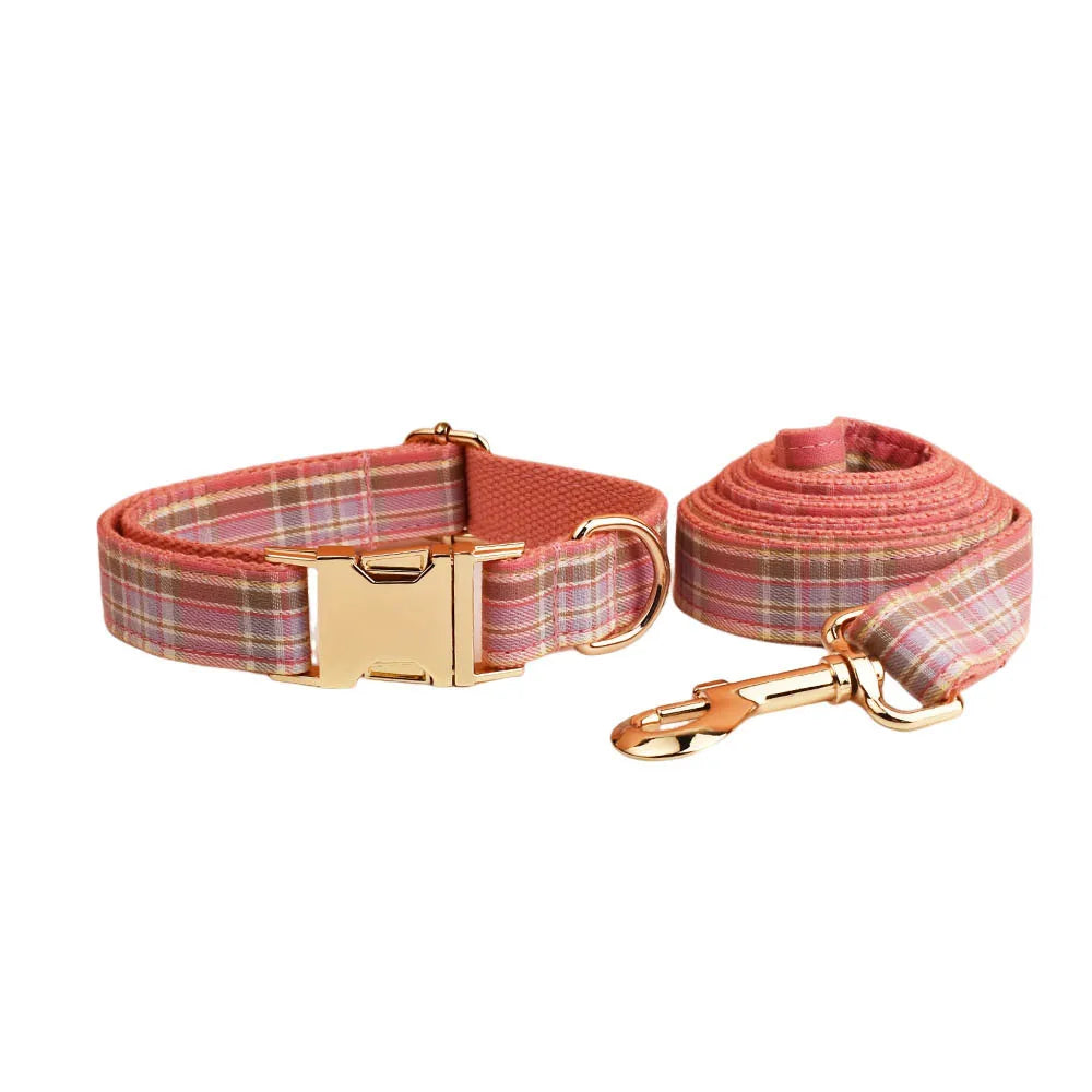 Multi Plaid Personalized Dog Bowtie Collar, Leash Set And Harness Set - Engravable Best Gift For Dog Lover