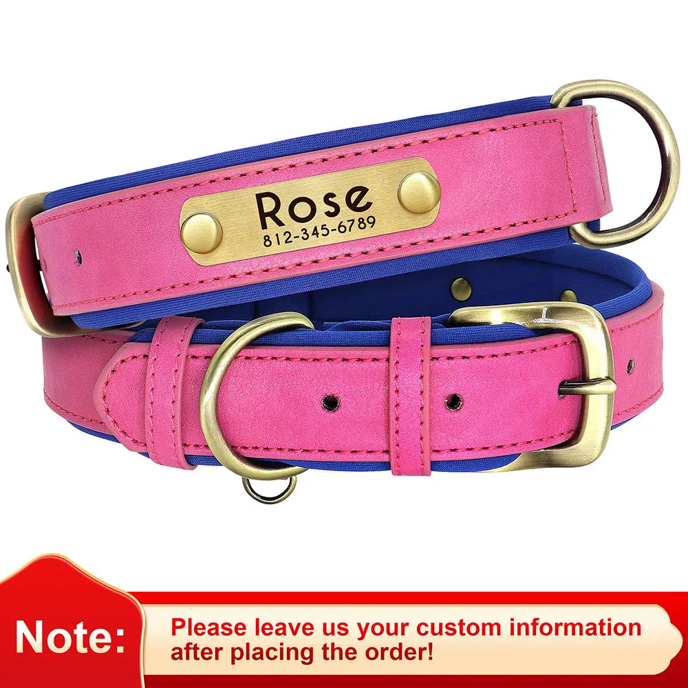 Personalized PU Leather Dog Collar – Soft Padded & Adjustable Custom ID Collar