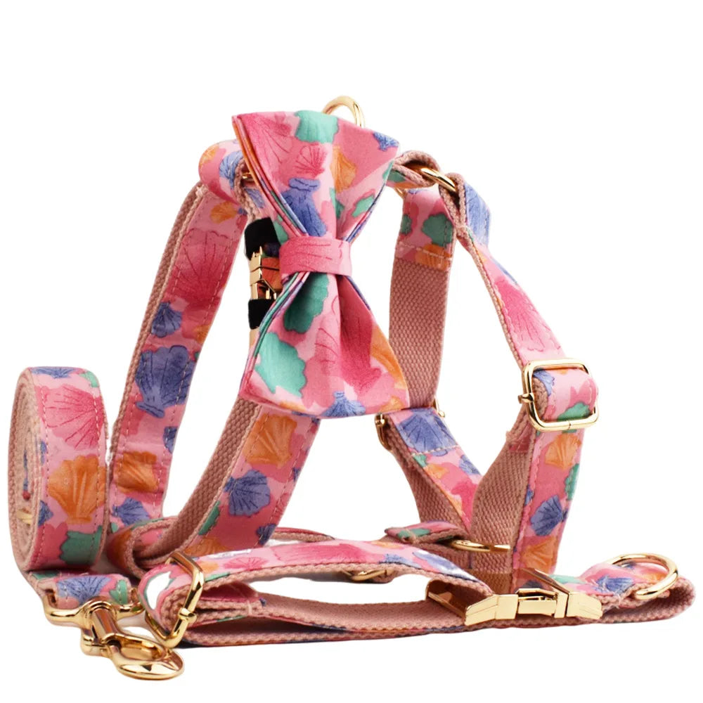 Personalized Floral Dog Harness and Leash Set, Puppy Bowtie Collar with Poop Bag, Cute Outdoor Pet Gift