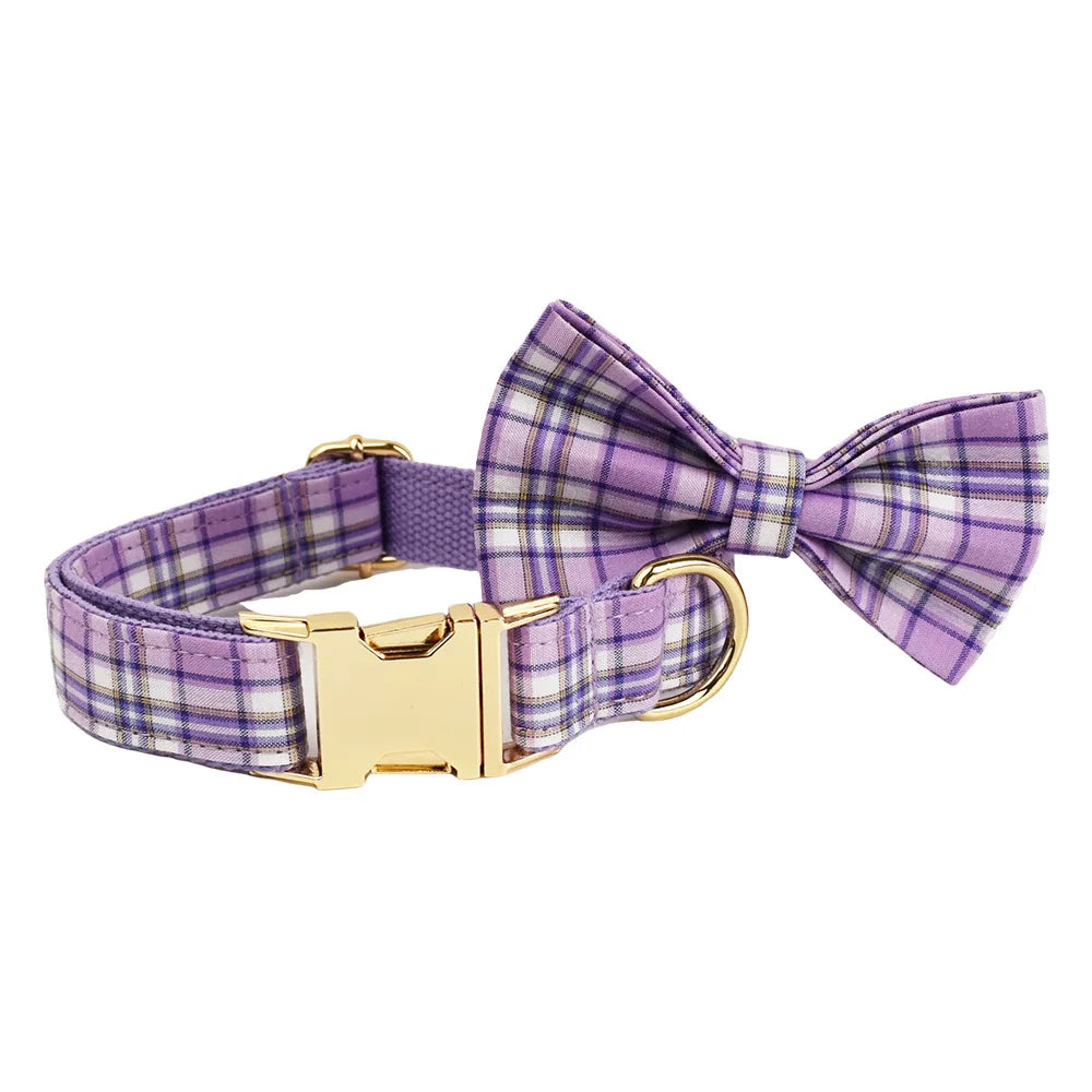 Multi Plaid Personalized Dog Bowtie Collar, Leash Set And Harness Set - Engravable Best Gift For Dog Lover