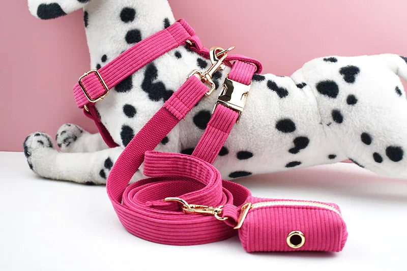 Mei Red Corduroy Personalized Dog Collar, Leash & Harness Set