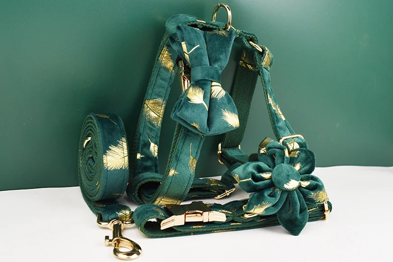 Green feather velvet  Personalized Dog Collar, Leash & Harness Set