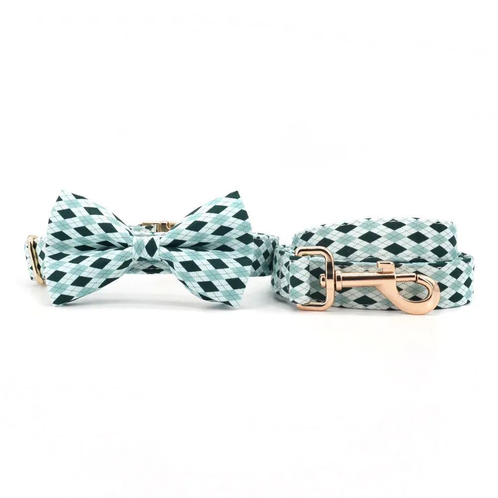 DDPaws  Collar + Leash + Bowtie / XS Designed Green Argyle Plaid Set [Made-to-Order]