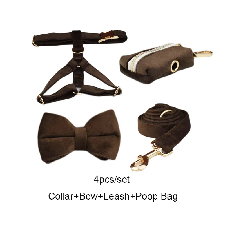 Dark Brown Velvet Personalized Dog Collar, Leash & Harness Set