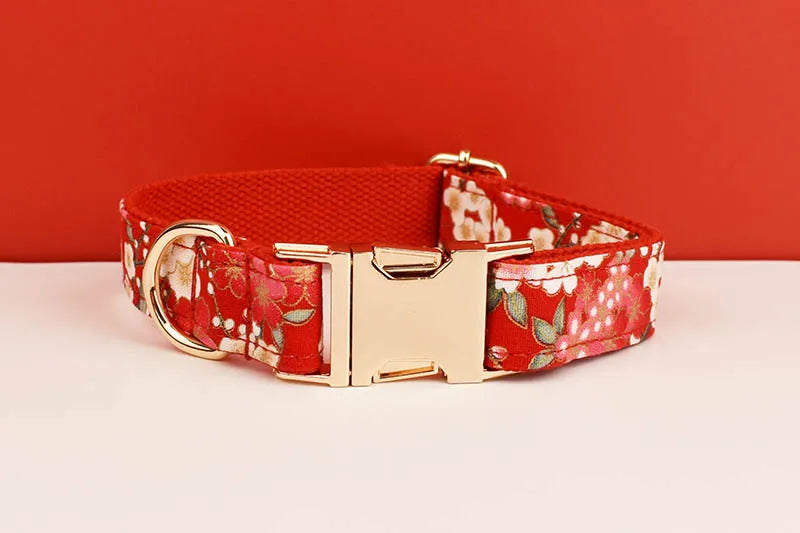 Customized Designer Red Soft Cotton Personalized Dog Collar Leashes Harness Bow Set Flowers