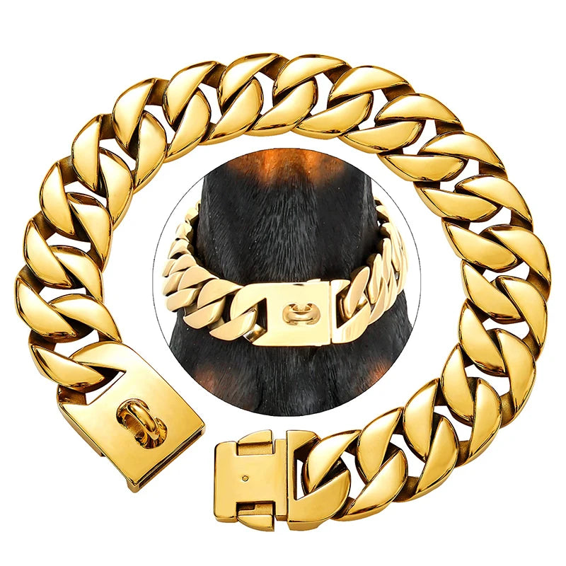 32MM Heavy-Duty Stainless Steel Dog Chain Collar – 18K Gold-Plated Choker for Large Dogs