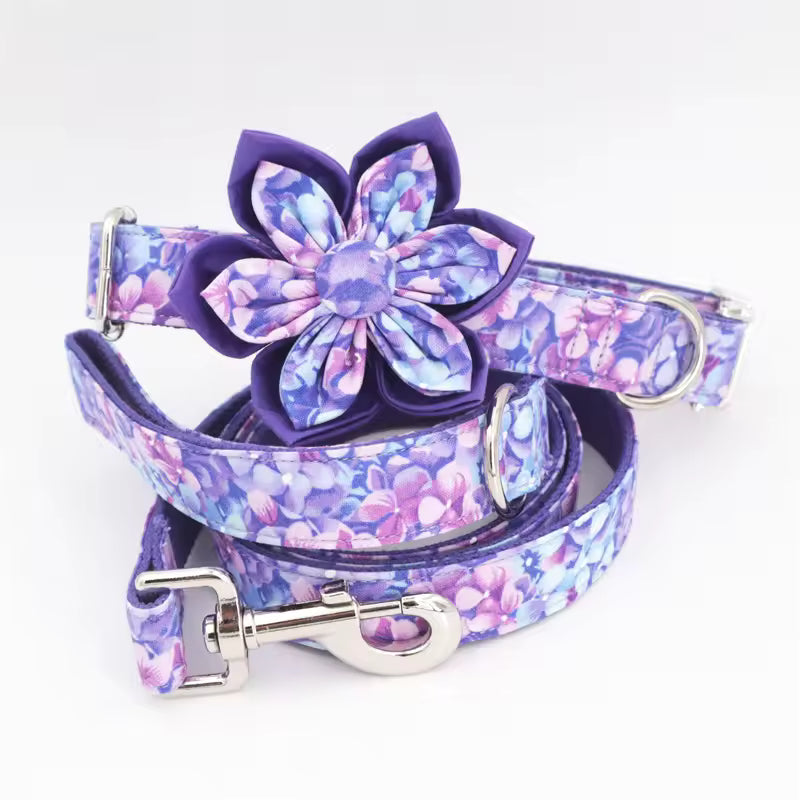 Purple Floral Dog Collar and Leash Set