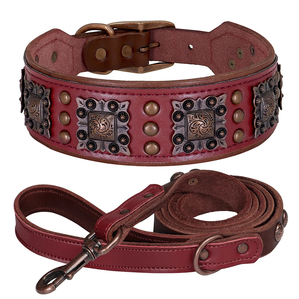 Real Leather Dog Collar & Leash Set – Durable Padded Luxury Design for Medium & Large Dogs