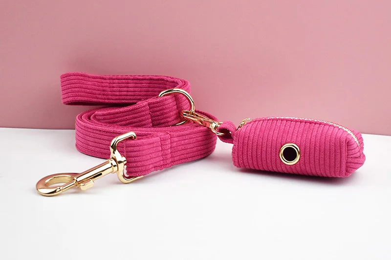 Mei Red Corduroy Personalized Dog Collar, Leash & Harness Set
