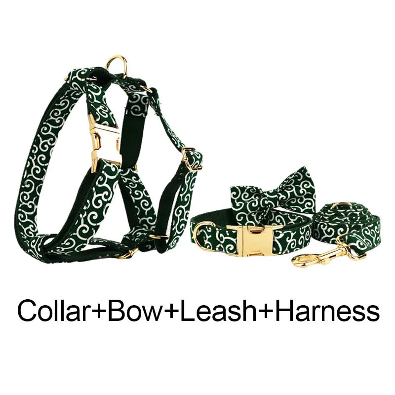 Green Soft Cotton Personalized Dog Collar, Leash & Harness Set