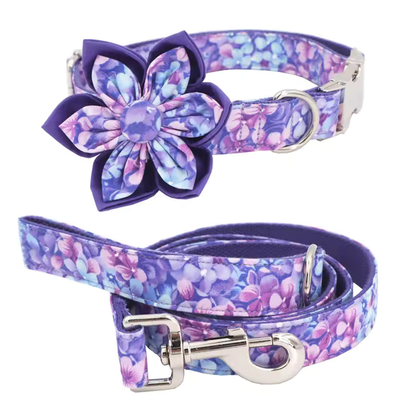 Purple Floral Dog Collar and Leash Set