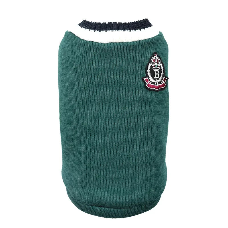 Winter Knit Dog Sweater – College Style V-Neck Warm Pet Vest for Small Dogs