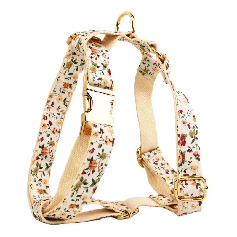 Luxury Flower Soft Cotton Personalized Dog Collar, Leash & Harness Set