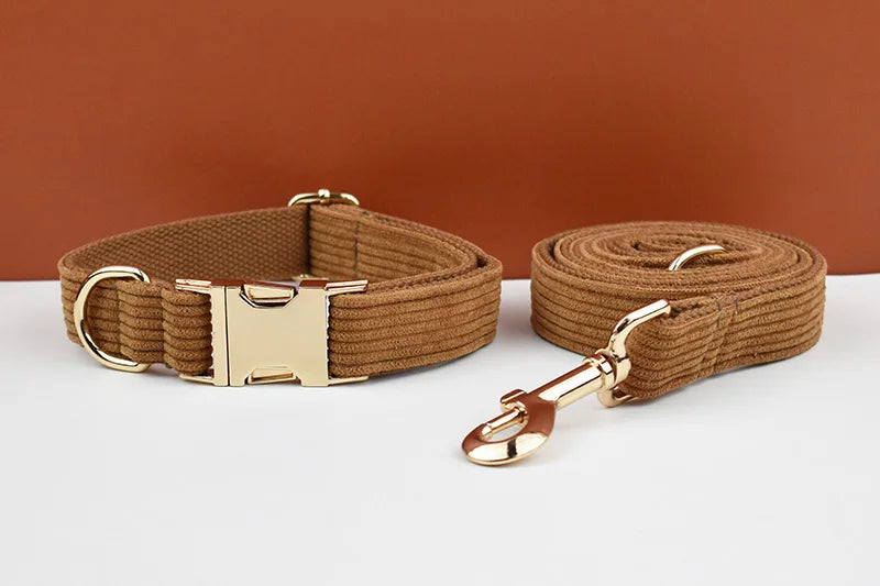 Caramel Corduroy Personalized Dog Collar, Leash & Harness Set