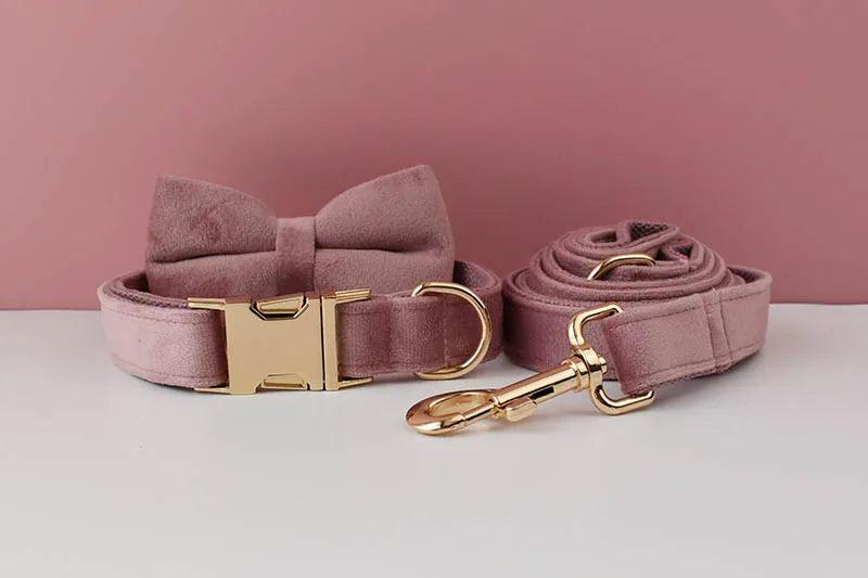 Light Purple Velvet Personalized Dog Collar, Leash & Harness Set