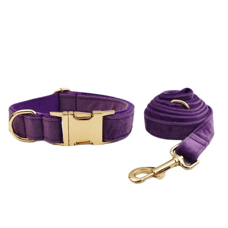 Purple Velvet Personalized Dog Collar, Leash & Harness Set