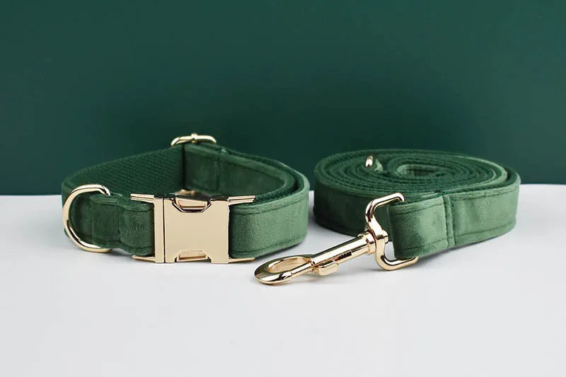 Forest Green Velvet Personalized Dog Collar, Leash & Harness Set