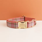 Engraved Plaid Pink Dog Collar Leash Harness Set