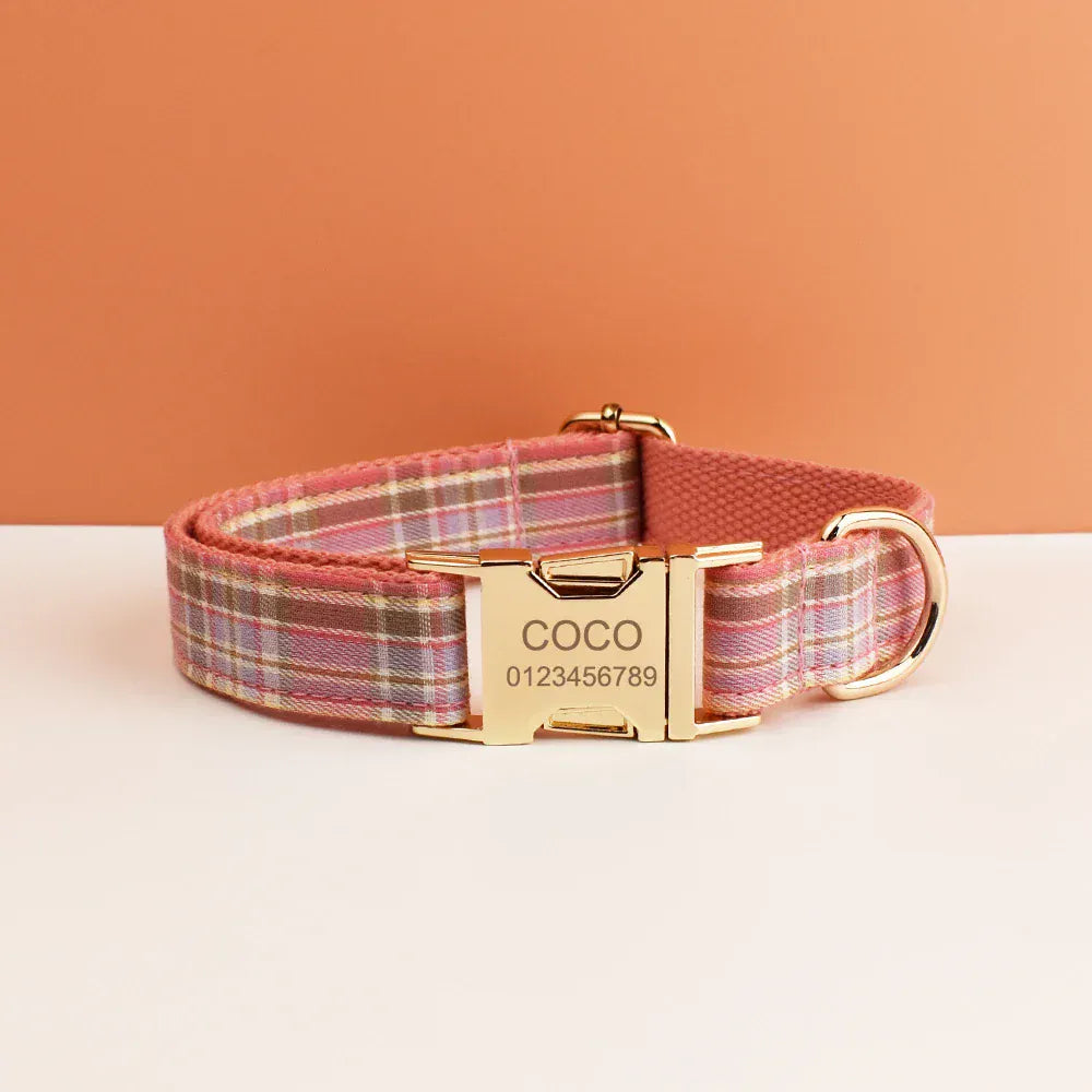Engraved Plaid Pink Dog Collar Leash Harness Set