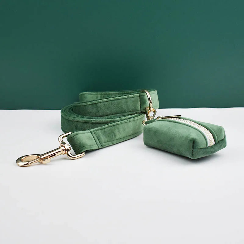 Forest Green Velvet Personalized Dog Collar, Leash & Harness Set