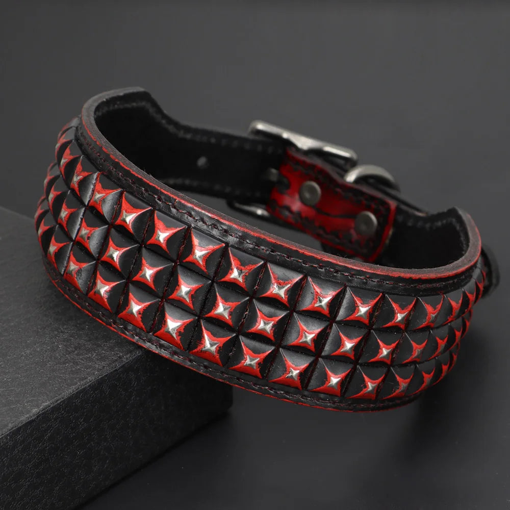 Genuine Leather Dog Collar – 2-Inch Wide Luxury Spike & Diamond Design for Medium & Large Dogs