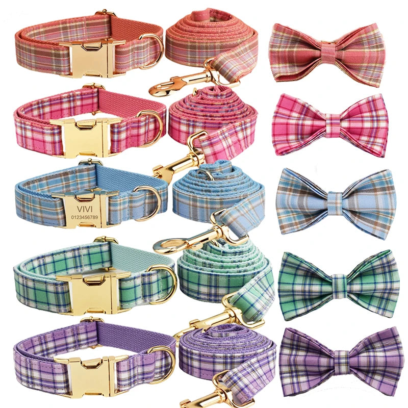 Multi Plaid Personalized Dog Bowtie Collar, Leash Set And Harness Set - Engravable Best Gift For Dog Lover