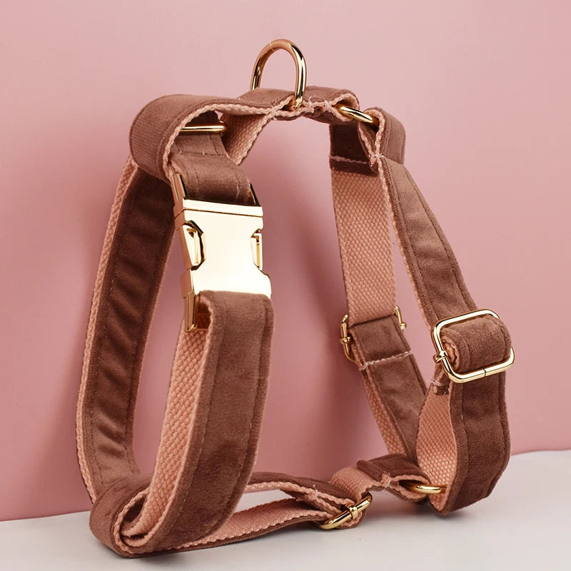 Pink Velvet Personalized Dog Collar, Leash & Harness Set