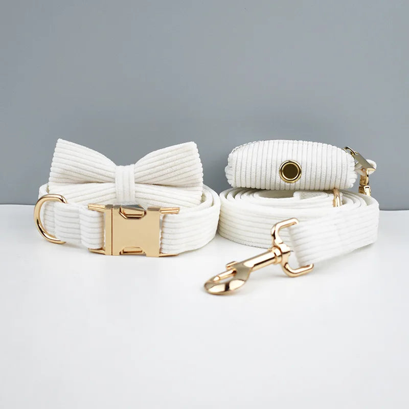 White Corduroy Personalized Dog Collar, Leash & Harness Set