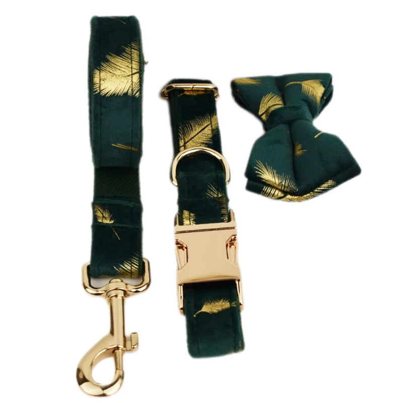Green feather velvet  Personalized Dog Collar, Leash & Harness Set