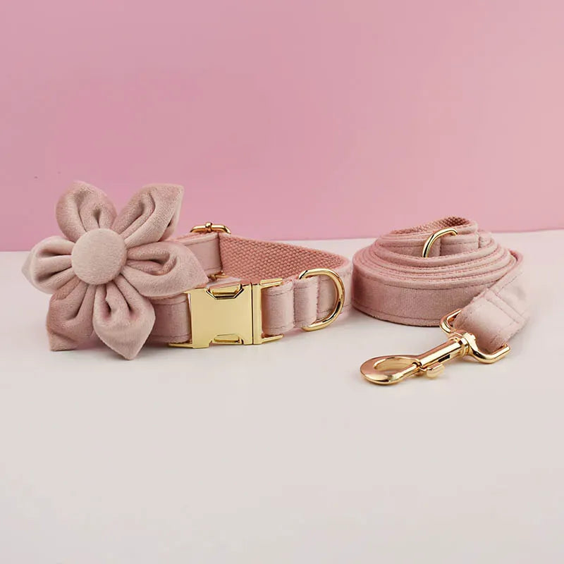 Pale Pink Velvet Dog Collar Leash and Harness Set