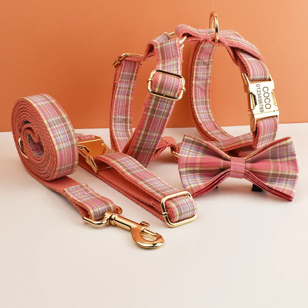 Engraved Plaid Pink Dog Collar Leash Harness Set