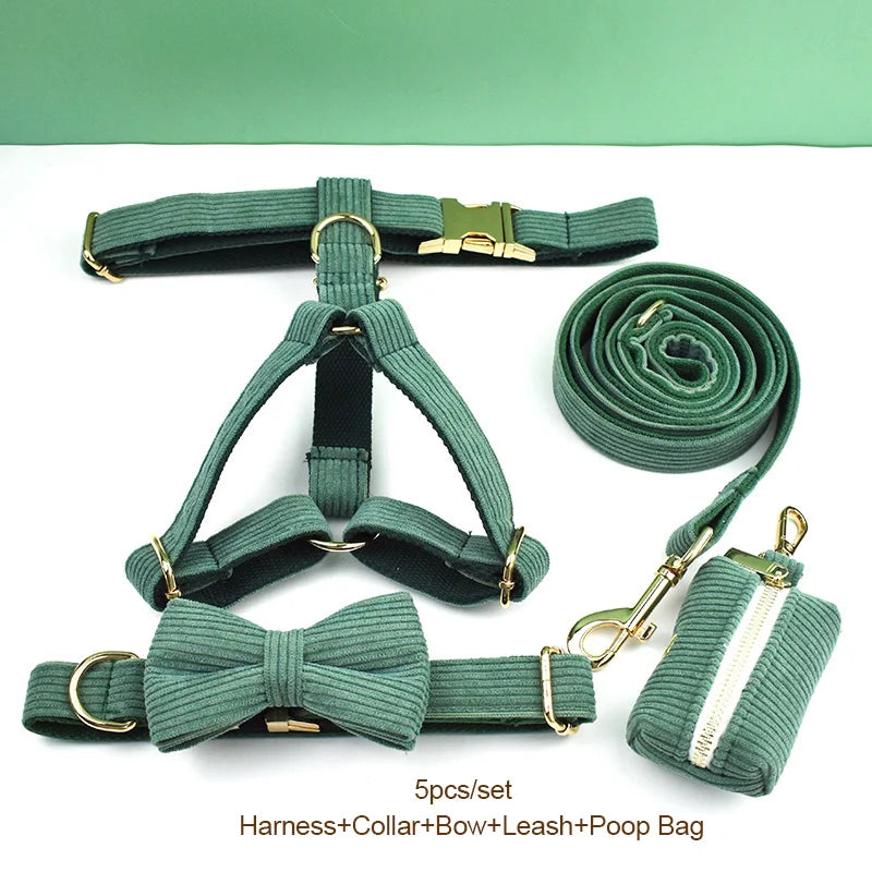 Dark Green Corduroy Personalized Dog Collar, Leash & Harness Set