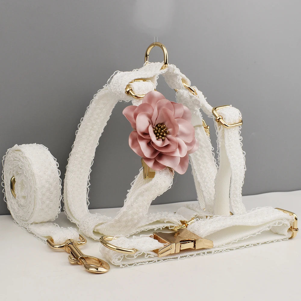 White Lace Personalized Dog Collar, Leash & Harness Set