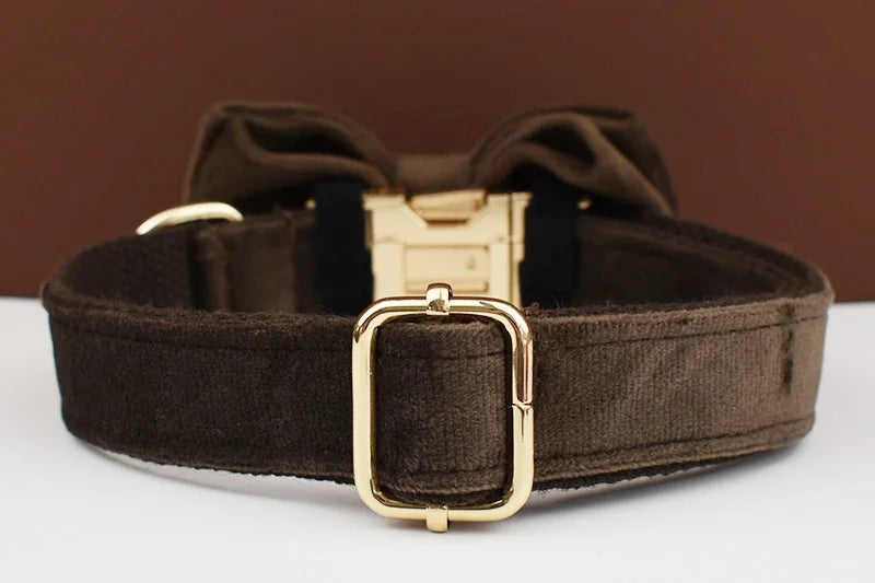 Dark Brown Velvet Personalized Dog Collar, Leash & Harness Set