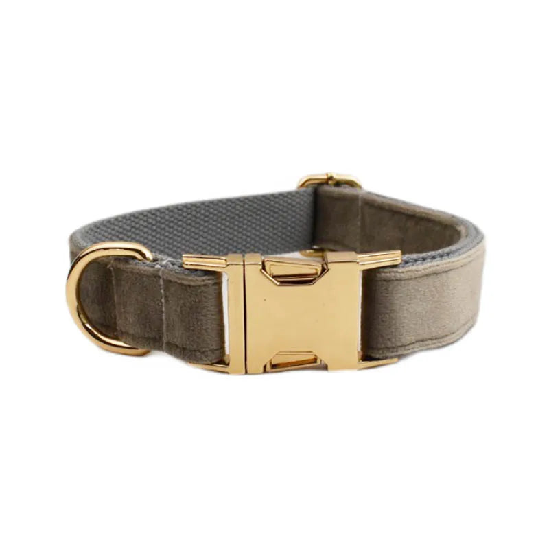Light grey Velvet Personalized Dog Collar, Leash & Harness Set