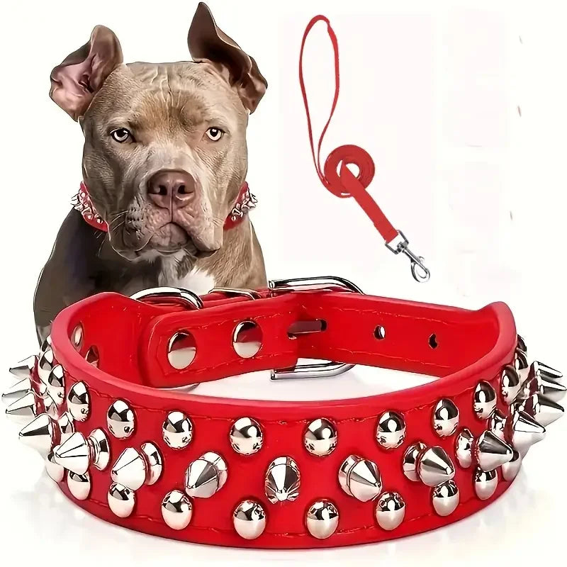 Spiked Dog Collar & Leash Set – Adjustable Leather Rivet Design for Outdoor Walking