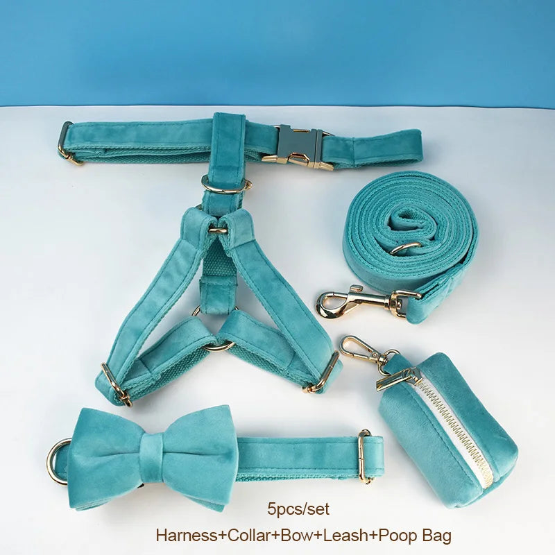Turquoise Stone Velvet Personalized Dog Collar, Leash & Harness Set