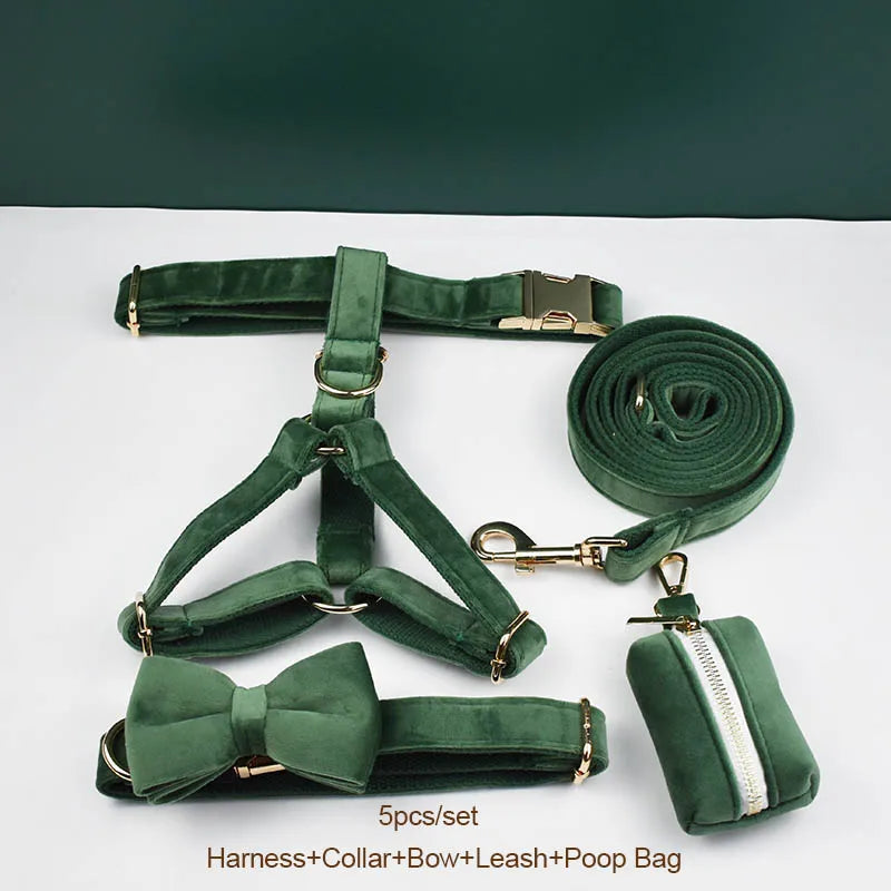 Forest Green Velvet Personalized Dog Collar, Leash & Harness Set