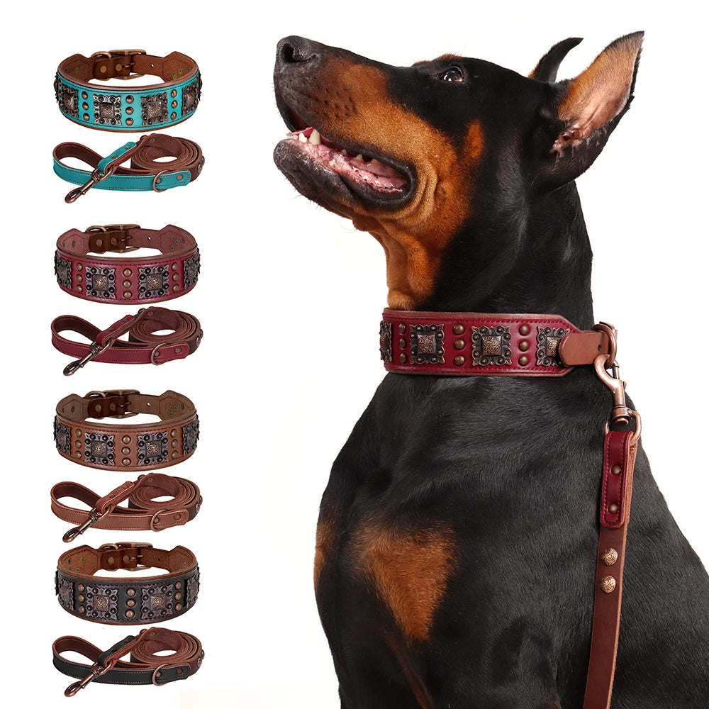 Real Leather Dog Collar & Leash Set – Durable Padded Luxury Design for Medium & Large Dogs
