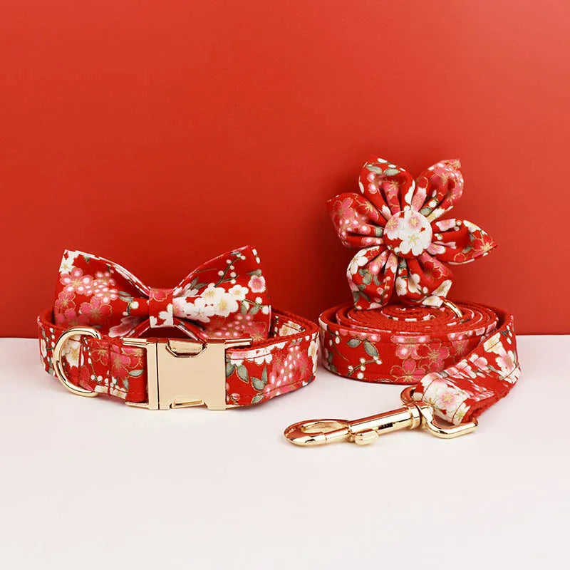 Customized Designer Red Soft Cotton Personalized Dog Collar Leashes Harness Bow Set Flowers