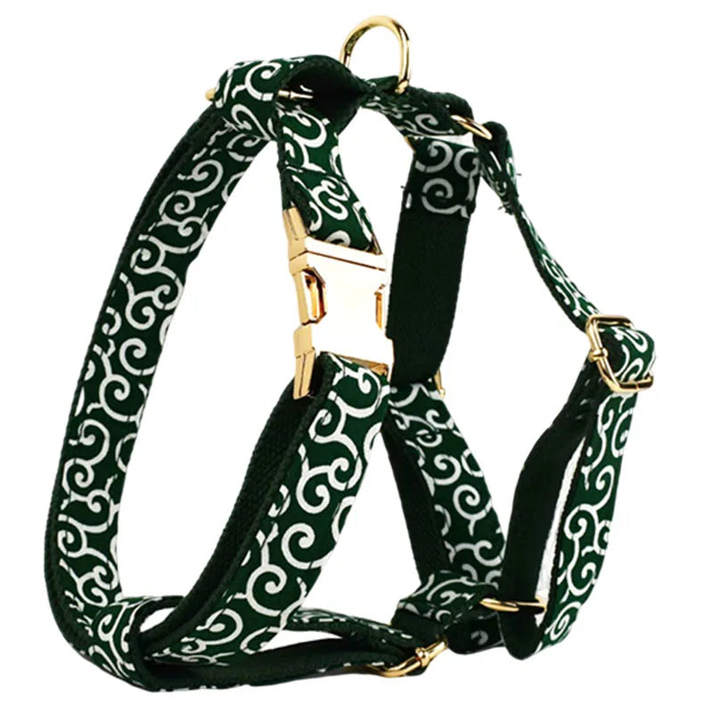 Green Soft Cotton Personalized Dog Collar, Leash & Harness Set