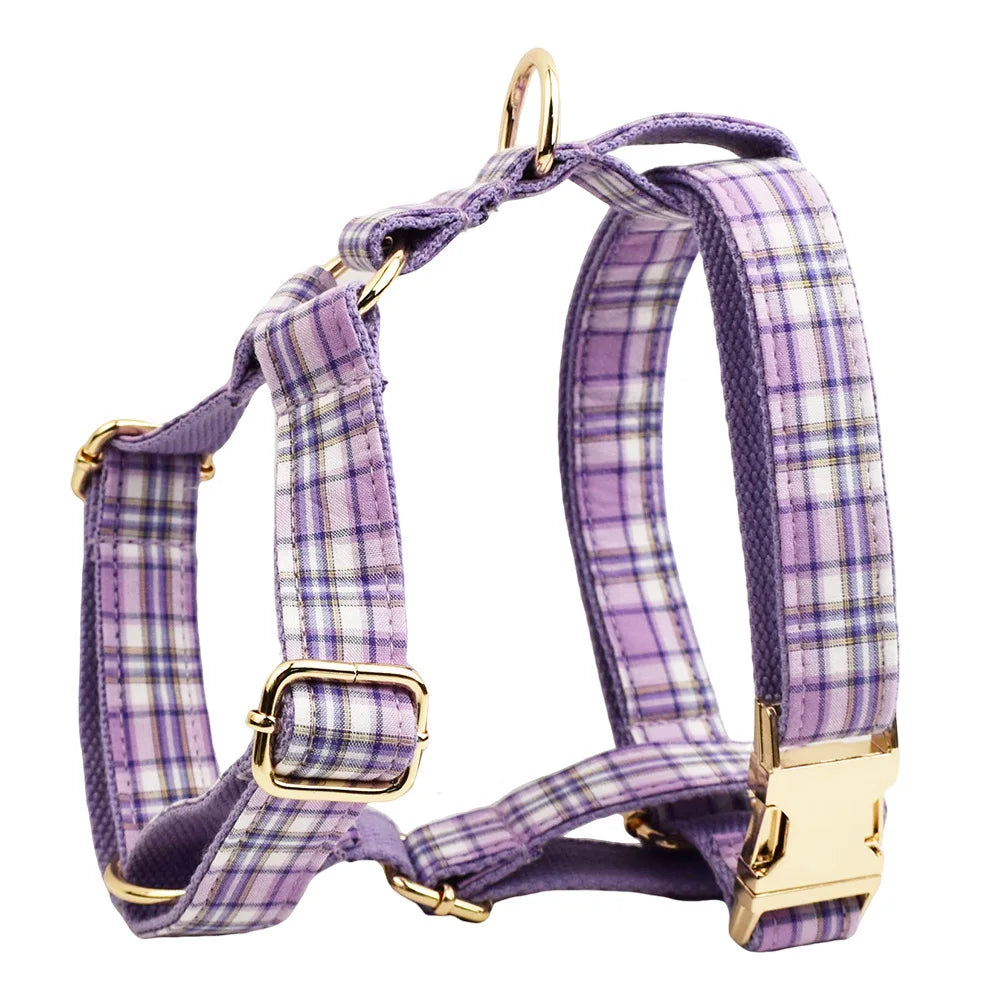 Multi Plaid Personalized Dog Bowtie Collar, Leash Set And Harness Set - Engravable Best Gift For Dog Lover