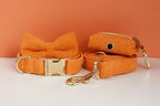 Orange Corduroy Personalized Dog Collar, Leash & Harness Set