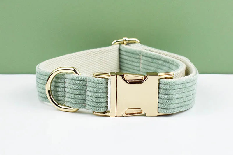 High Quality Light Green Corduroy Dog Collar, Harness & Leash Set – Personalized Engraved Nameplate, Padded