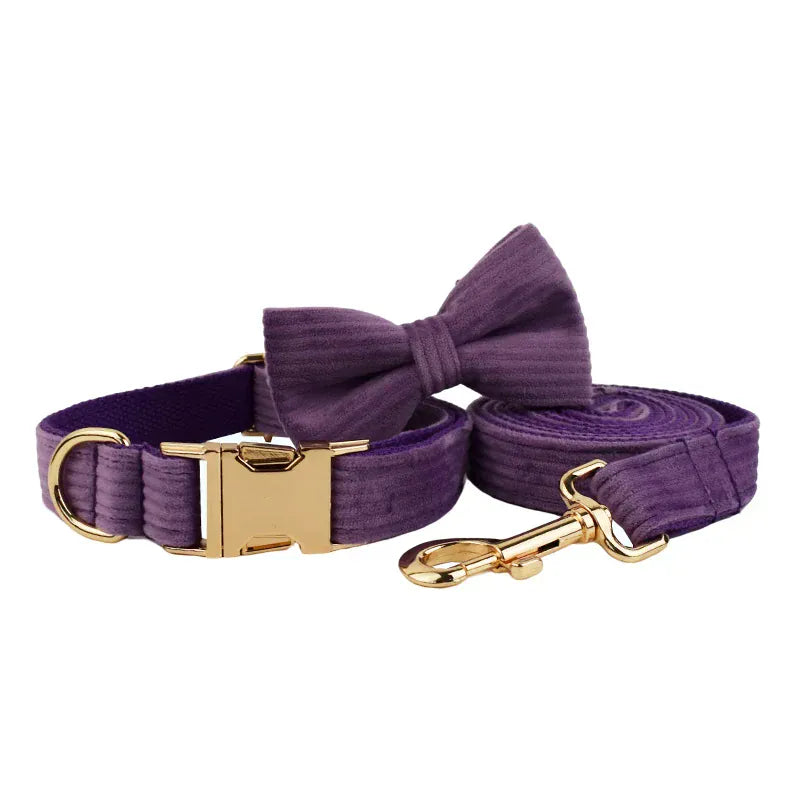 Purple Corduroy Dog Collar Leash and Harness Set