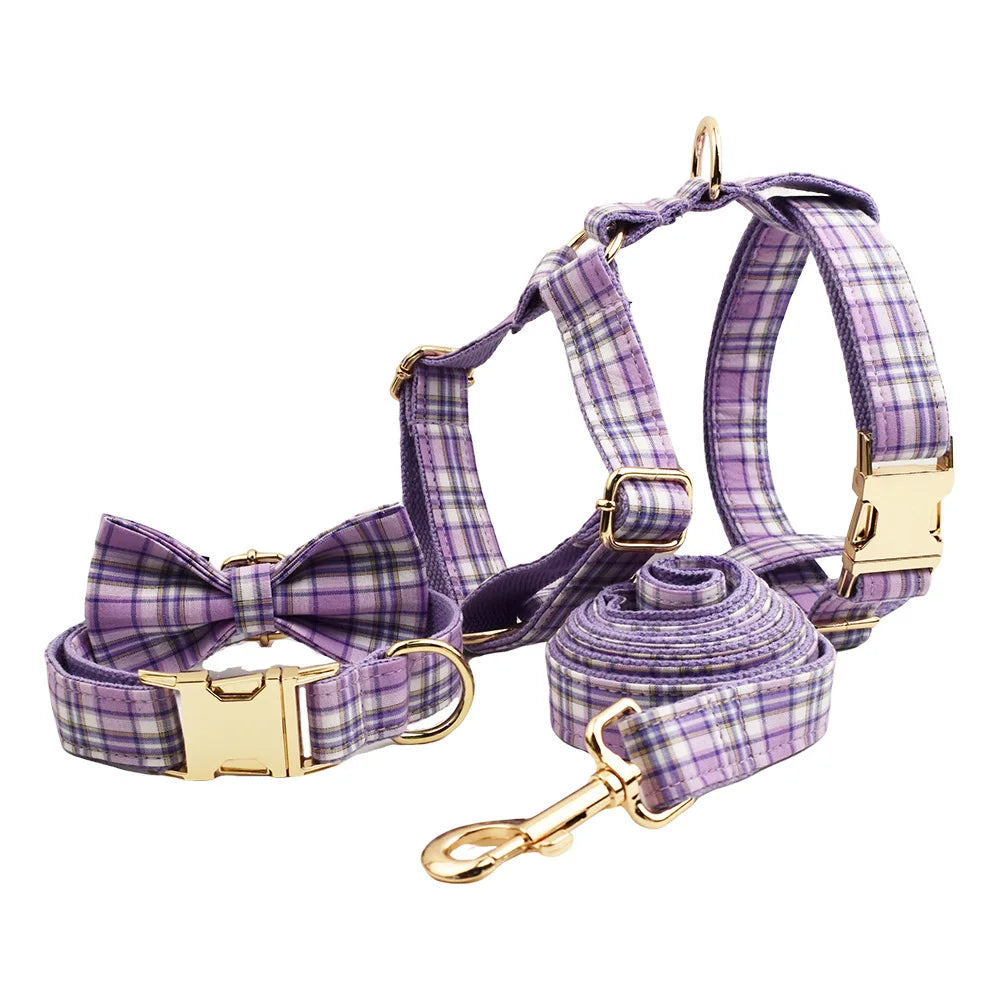 Multi Plaid Personalized Dog Bowtie Collar, Leash Set And Harness Set - Engravable Best Gift For Dog Lover