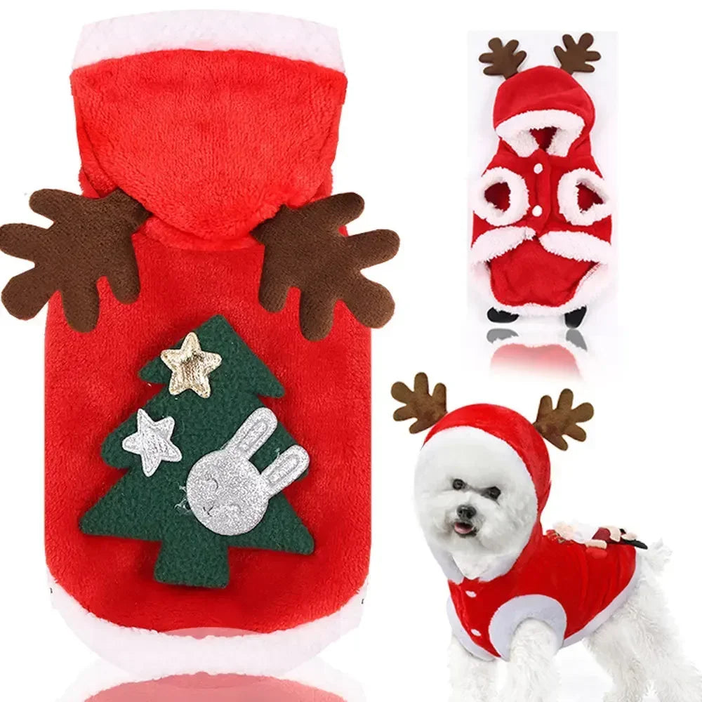 Christmas Dog Hoodie – Warm Winter Pet Costume with Santa & Elk Design