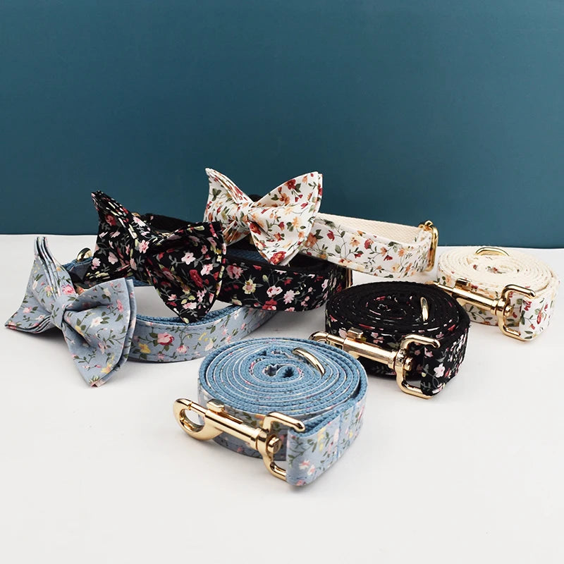 Personalized Dog Collar Leash Harness Set, Custom Name Printed Pet Accessories with Bow Tie, Luxury Tactical Dog Collar