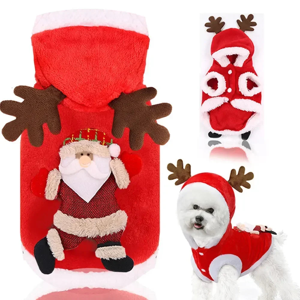 Christmas Dog Hoodie – Warm Winter Pet Costume with Santa & Elk Design