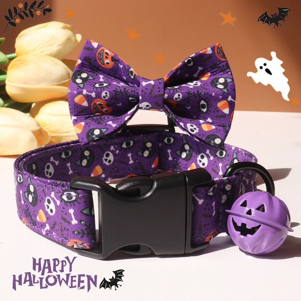 Luxury Small Dog Collar, Personalized Halloween Printed Cotton Collar, Organic Pattern with Rivet Decoration